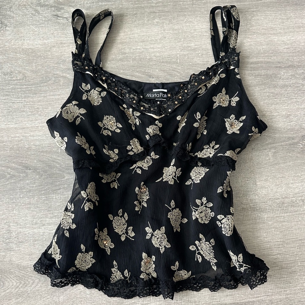 Vintage Italy Silk Black Floral Women's Tank Top